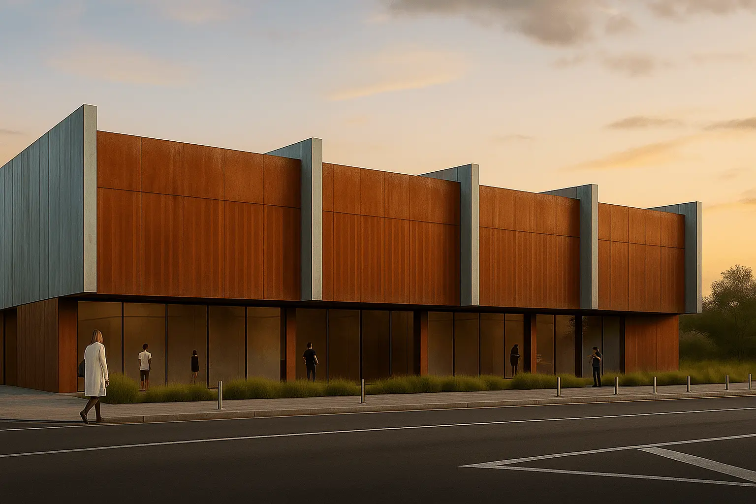 Vista exterior del edificio Building 02. The heart of the project, currently under construction and with delivery scheduled for the second quarter of 2026. Located on a 3,614.55 m² plot, it offers 1,998 m² of commercial surface distributed in 2 floors above ground plus basement. Its optimized design includes 110 parking spaces both underground and exterior, positioning itself as the central axis of the entire commercial complex.